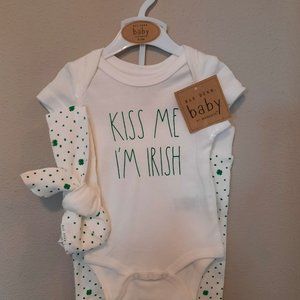 Rae Dunn Baby Onesie with Pant & Headband KISS ME I'M IRISH